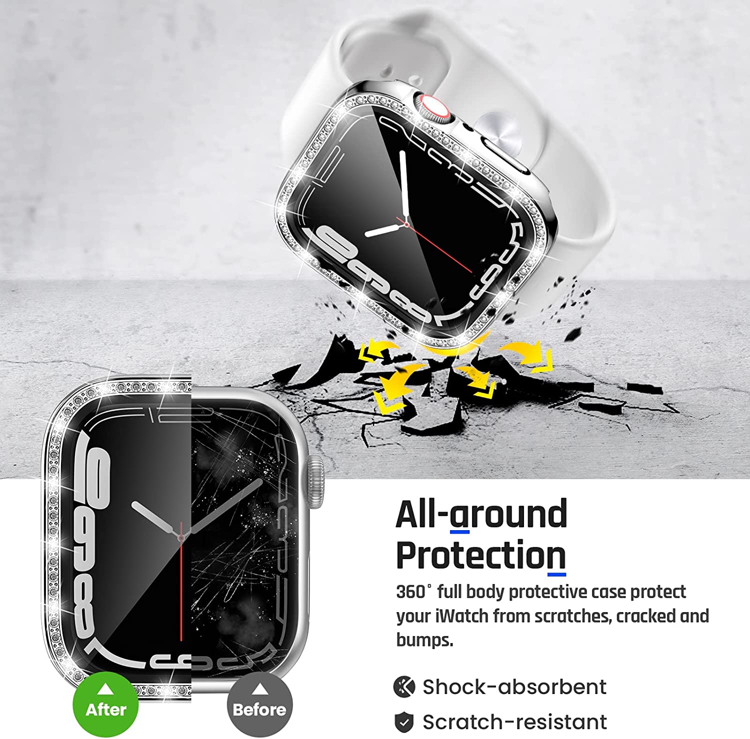 Goton 2 in 1 Waterproof Bling Case for Apple Watch 44mm SE (2nd Gen) Series 6 5 4 Screen Protector, Women Glitter Diamond Rhinestone Bumper Face Cover for iWatch Accessories 44 mm Silver - Image 7